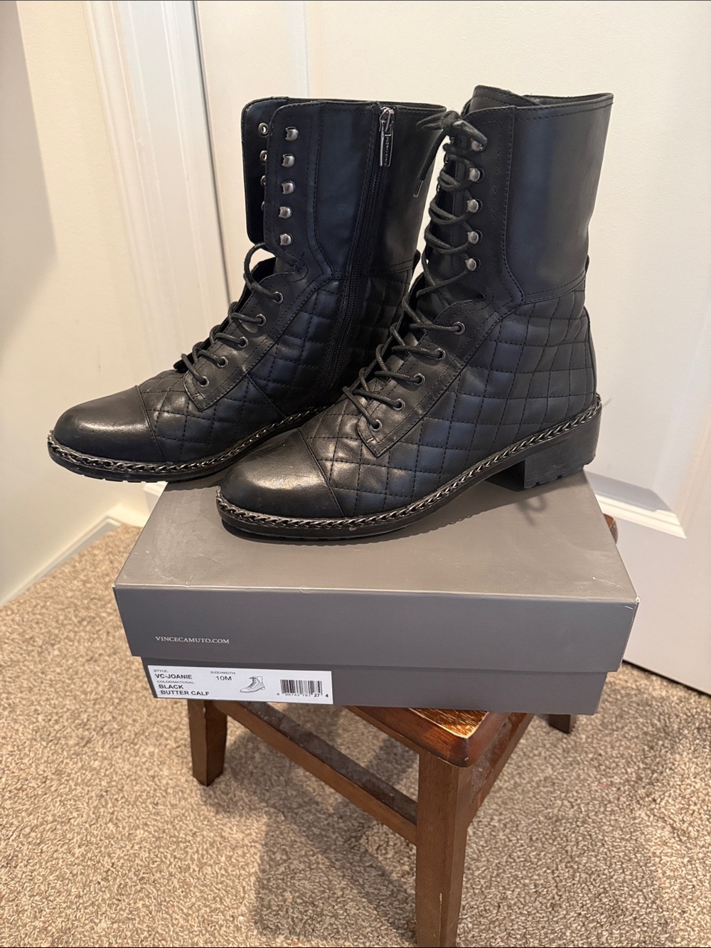 Vince Camuto Black Quilted Leather Lace-Up Combat Boots with Side Zip